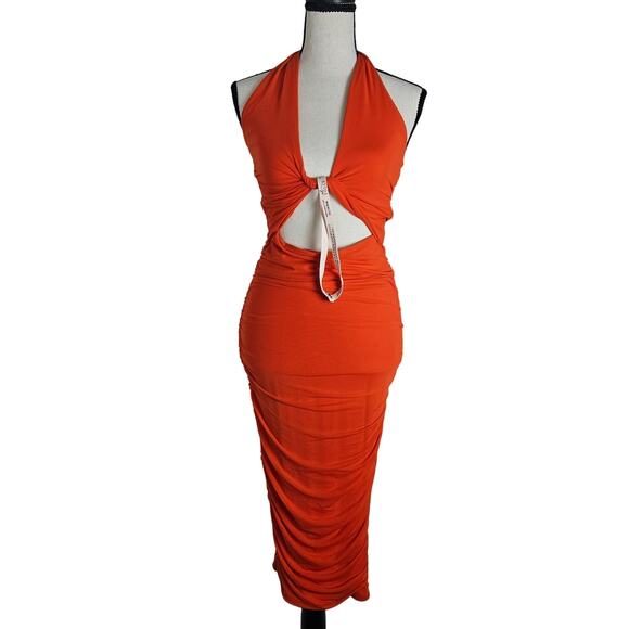 Oh Polly Halter Cutout Ruched Midi Dress Women's Sz 4  Orange Bodycon Party - Picture 1 of 14
